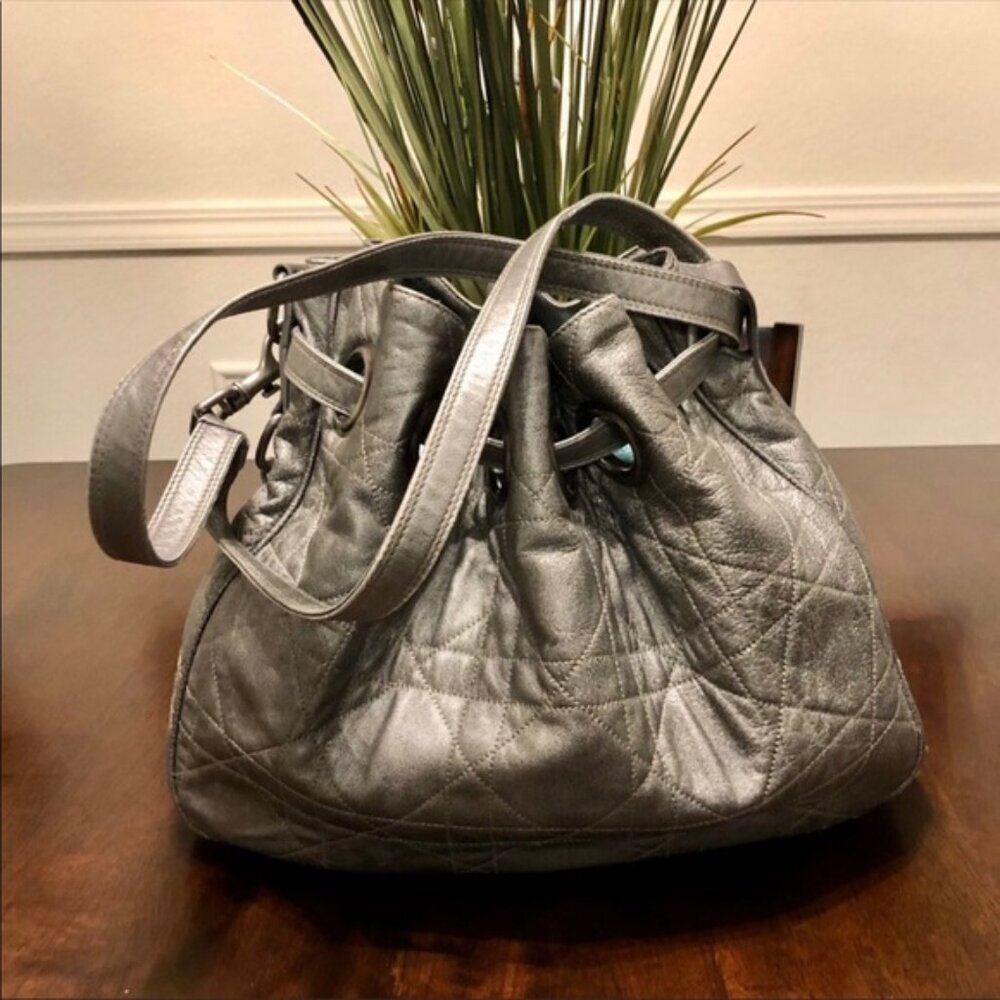 Christian Dior Cannage Quilted Leather Drawstring Bag